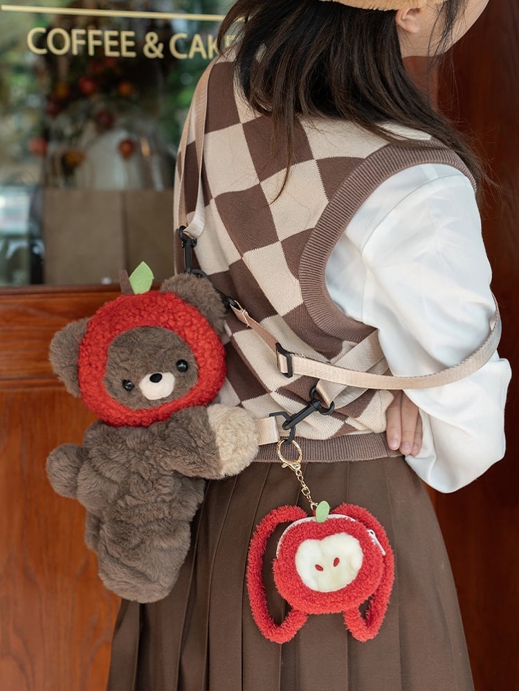 Brown Bear Plush Backpack/Crossbody Bag + Red Apple Hat + Red Apple Backpack Keychian Middle/Large Size