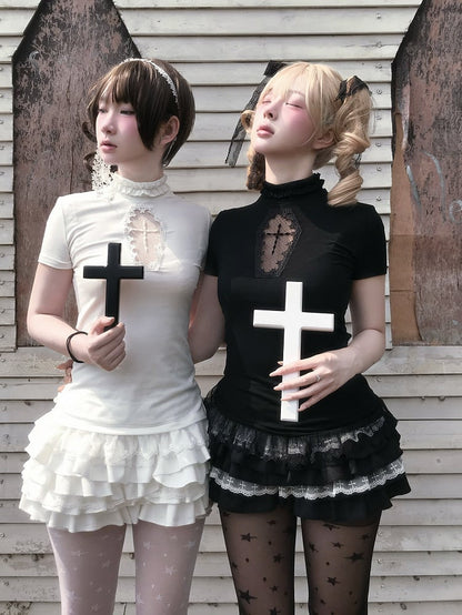 Gothic Black/White Mock Neck Coffin-Shaped Cutout T-Shirt