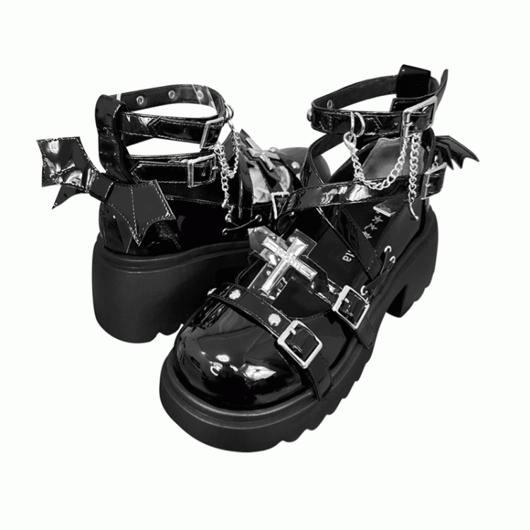 Silver-tone Studs Cross Balck Platform Chunky Heels Punk Shoes