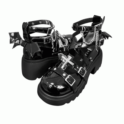 Silver-tone Studs Cross Balck Platform Chunky Heels Punk Shoes