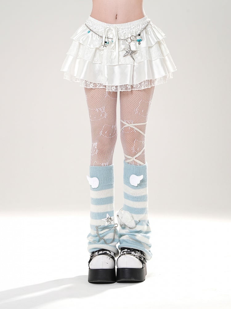 White/Black Elastic Waist Butterfly Appliques Lace Trim Tiered Skirt