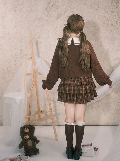 Plus Size Preppy Tiered Brown Plaid Dress with Sailor Collar & Detachable Roses