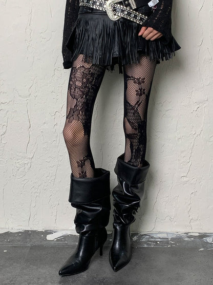Black Y2K Floral Pattern Hollow-out Tights