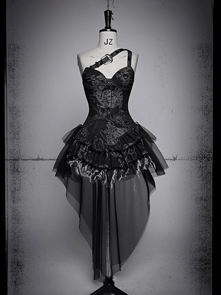 Dargon Pattern Black Denim Corset Dress with Detachable Tulle Hem Summer Punk Festival Dress
