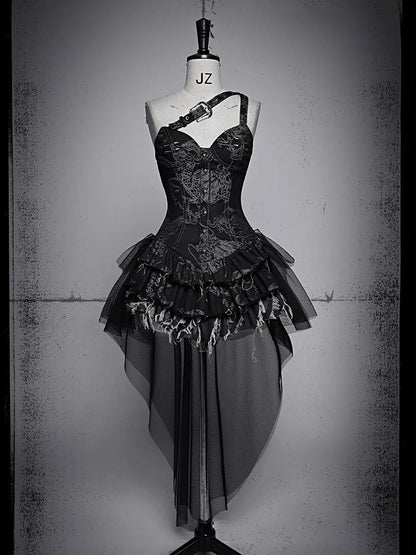 Dargon Pattern Black Denim Corset Dress with Detachable Tulle Hem Summer Punk Festival Dress