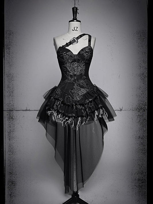 Dargon Pattern Black Denim Corset Dress with Detachable Tulle Hem Summer Punk Festival Dress