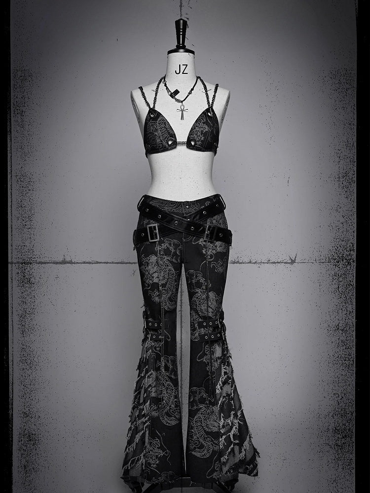 Dragon Pattern Black Denim Chain Bikini with Underwire Cups Coachella Outfits