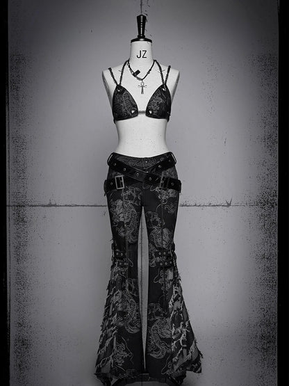 Straps Studs and Tassels Fringe Black Flared Jeans Dragon Pattern Coachella Outfits