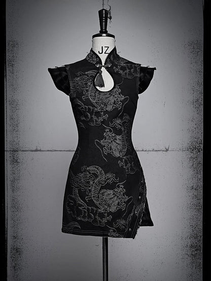 Clearance-Size S for Bust 82CM Black Dragon Pattern Qipao Dress Summer Festival Punk Dress
