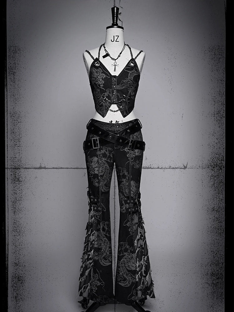 Straps Studs and Tassels Fringe Black Flared Jeans Dragon Pattern Coachella Outfits