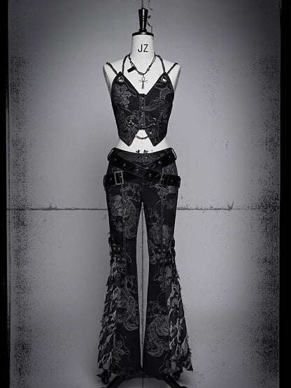 Studs Design Punk Chain Black Denim Cami Top Ashnikko Concert Outfits