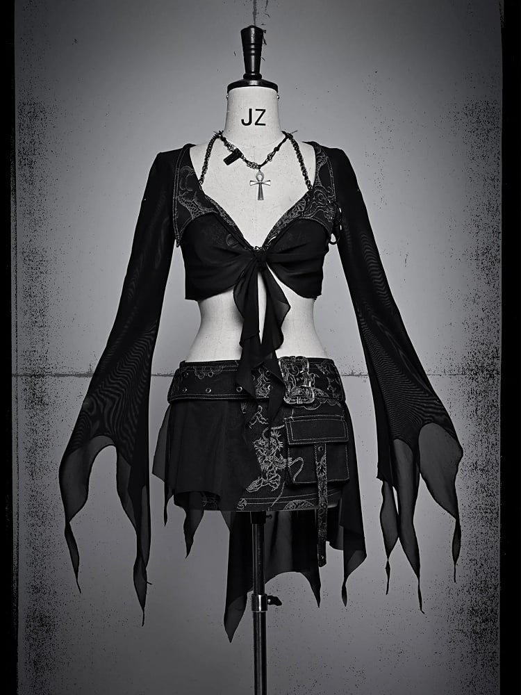 Black Semi-sheer Tulle Cropped Top Denim Collar Coachella Outfits