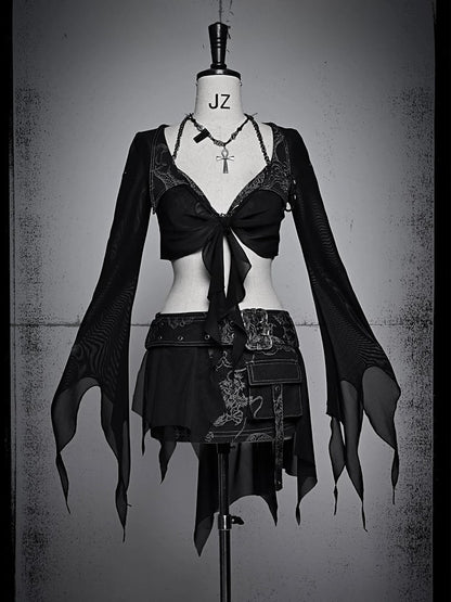 Black Semi-sheer Tulle Cropped Top Denim Collar Coachella Outfits