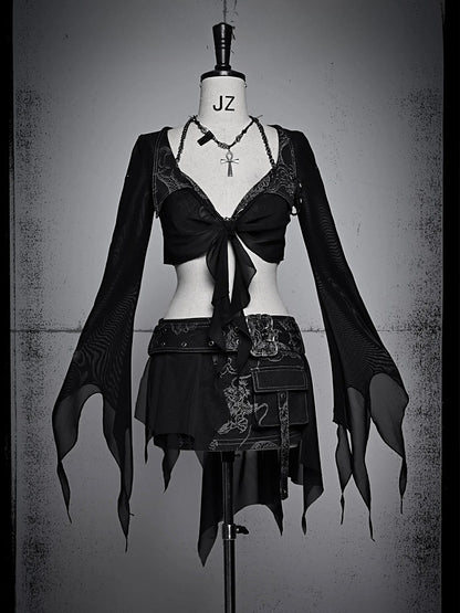 Punk Black Denim Mini Skirt with Dragon Pattern Coachella Outfits