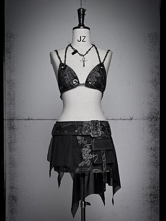 Dragon Pattern Black Denim Chain Bikini with Underwire Cups Coachella Outfits