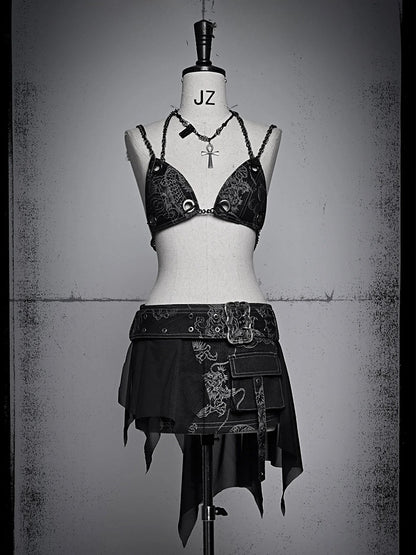 Punk Black Denim Mini Skirt with Dragon Pattern Coachella Outfits