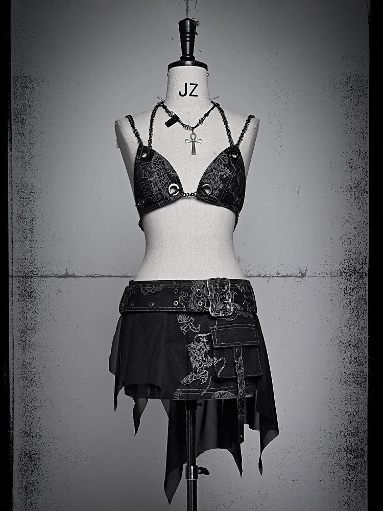 Punk Black Denim Mini Skirt with Dragon Pattern Coachella Outfits