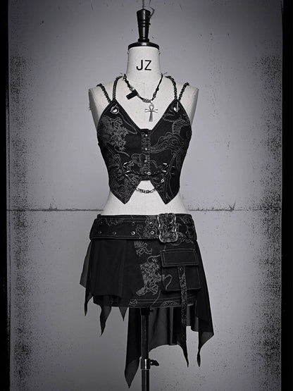 Studs Design Punk Chain Black Denim Cami Top Ashnikko Concert Outfits