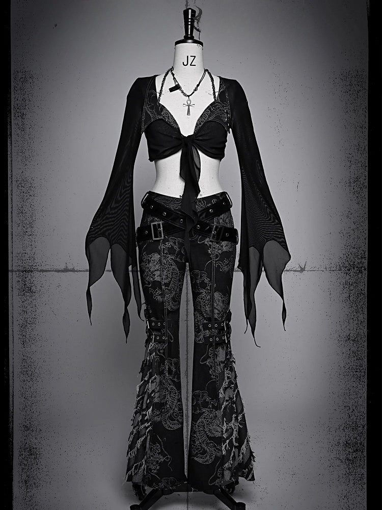 Straps Studs and Tassels Fringe Black Flared Jeans Dragon Pattern Coachella Outfits