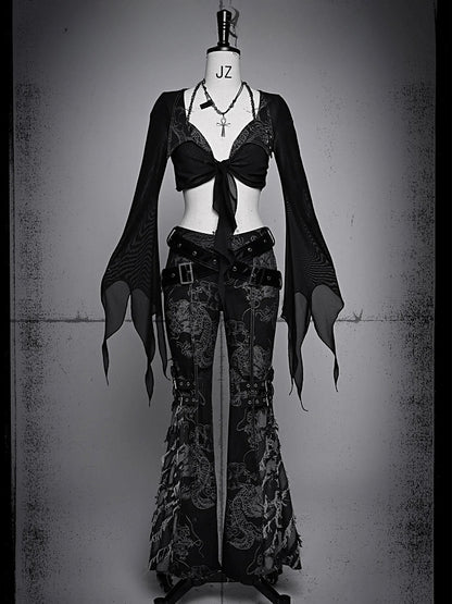 Straps Studs and Tassels Fringe Black Flared Jeans Dragon Pattern Coachella Outfits