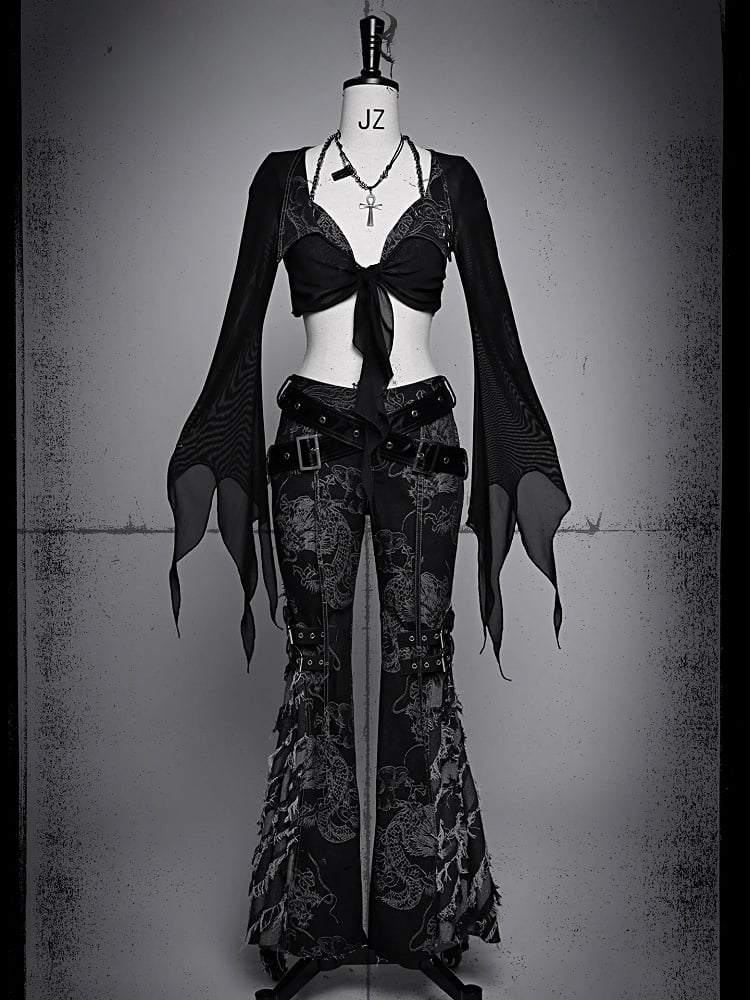 Black Semi-sheer Tulle Cropped Top Denim Collar Coachella Outfits