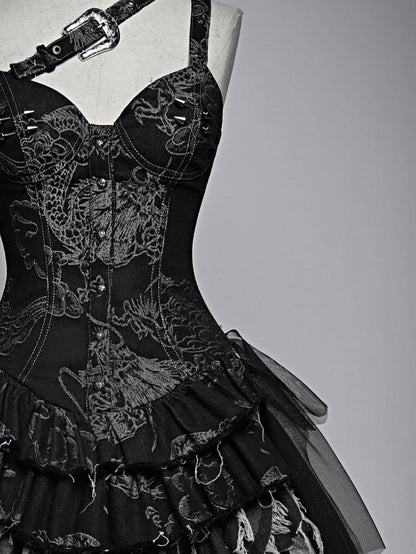 Dargon Pattern Black Denim Corset Dress with Detachable Tulle Hem Summer Punk Festival Dress