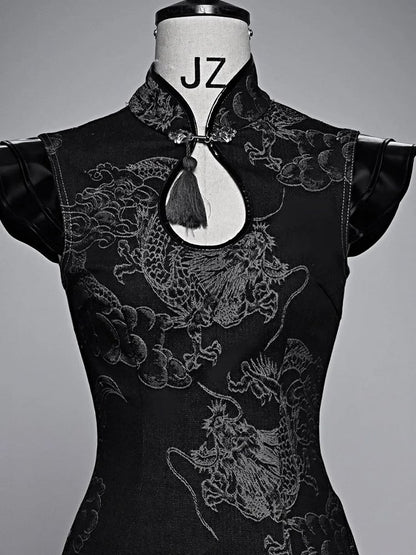 Clearance-Size S for Bust 82CM Black Dragon Pattern Qipao Dress Summer Festival Punk Dress