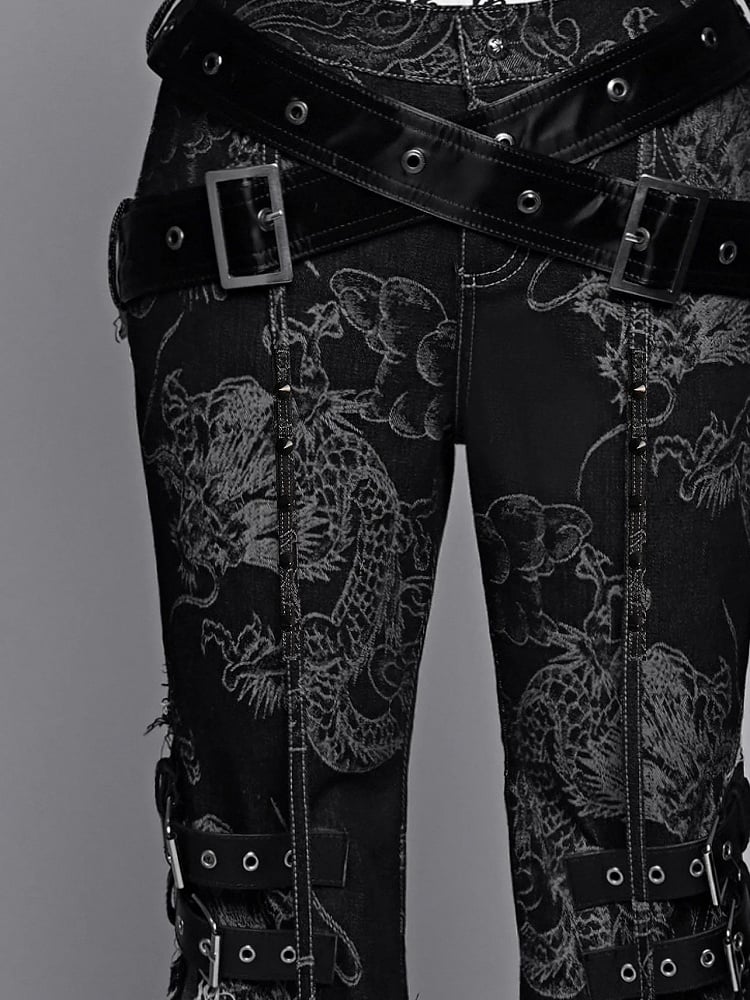 Straps Studs and Tassels Fringe Black Flared Jeans Dragon Pattern Coachella Outfits