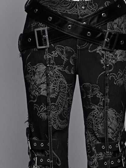 Straps Studs and Tassels Fringe Black Flared Jeans Dragon Pattern Coachella Outfits