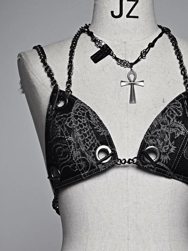 Dragon Pattern Black Denim Chain Bikini with Underwire Cups Coachella Outfits