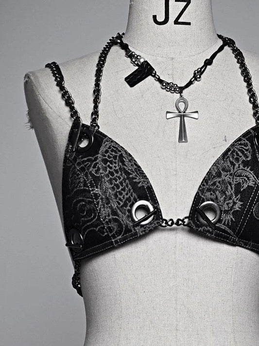 Dragon Pattern Black Denim Chain Bikini with Underwire Cups Coachella Outfits