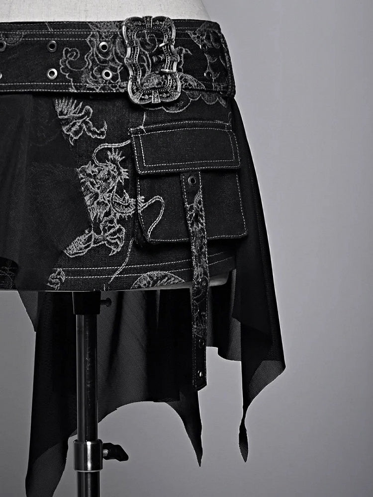 Punk Black Denim Mini Skirt with Dragon Pattern Coachella Outfits