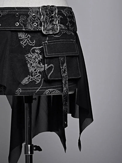 Punk Black Denim Mini Skirt with Dragon Pattern Coachella Outfits