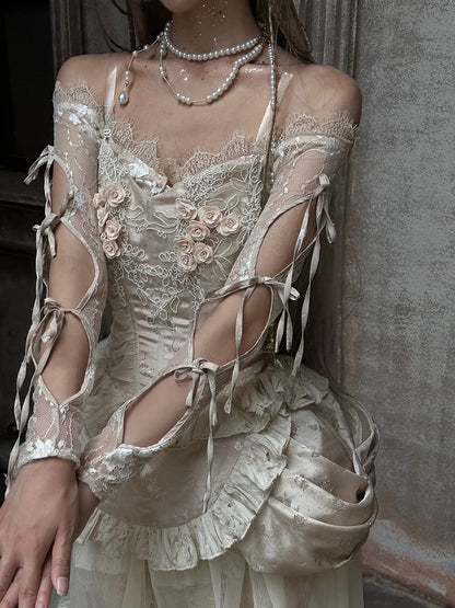 Champagne Crochet Floral Design Lace Crop Top Cutout Sleeves