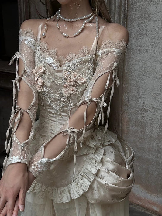 Champagne Crochet Floral Design Lace Crop Top Cutout Sleeves