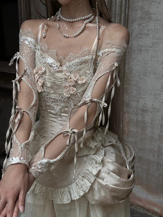 Champagne Crochet Floral Design Lace Crop Top Cutout Sleeves