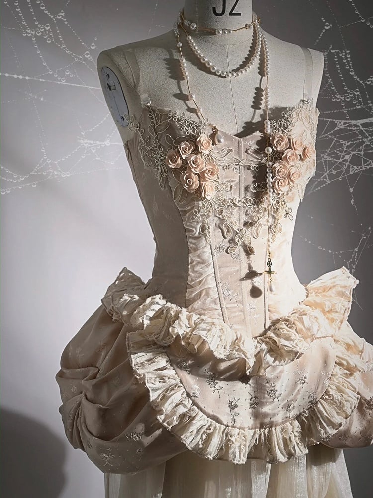 Flowers and Lace Applique Champagne Balletcore Historical Corset