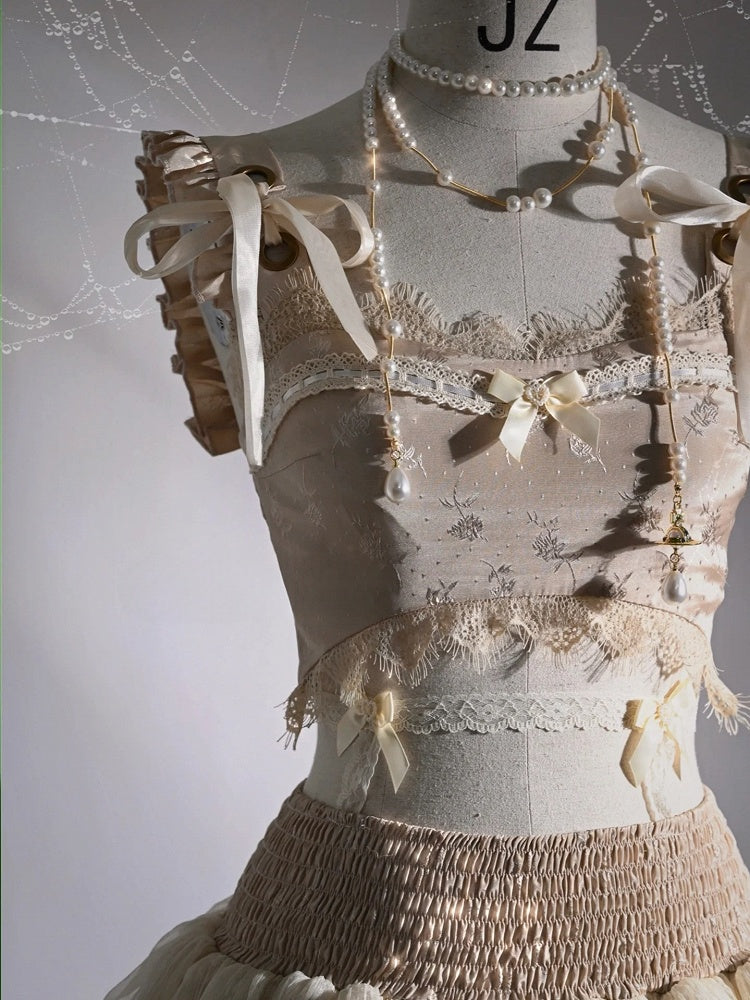 Champagne Lace Trim Bow Cropped Tank Top with Self-tie Straps