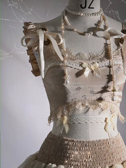 Champagne Lace Trim Bow Cropped Tank Top with Self-tie Straps