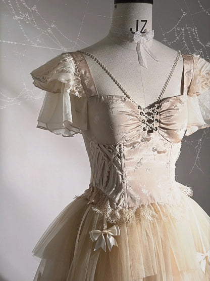 Champagne Lace Hem Lace-up Detail Boned Top Tiered Flutter Sleeves