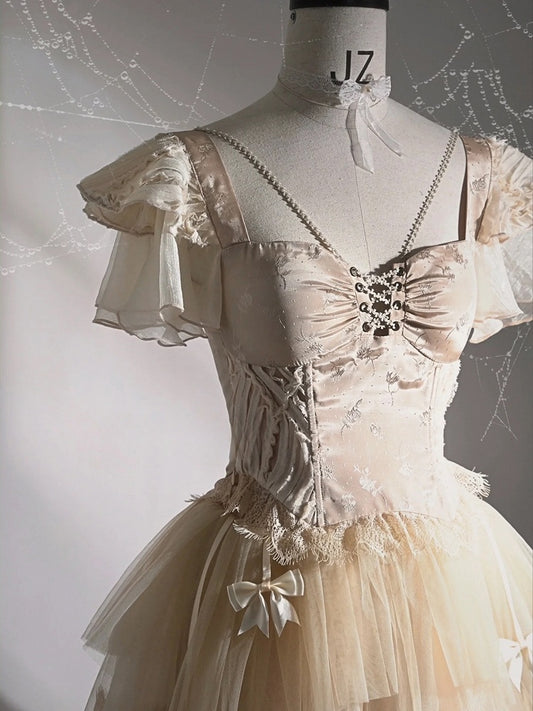 Champagne Lace Hem Lace-up Detail Boned Top Tiered Flutter Sleeves