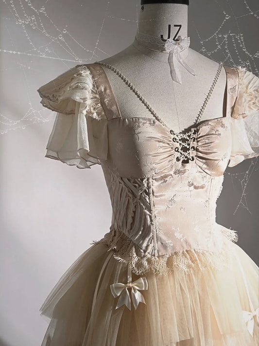 Champagne Lace Hem Lace-up Detail Boned Top Tiered Flutter Sleeves