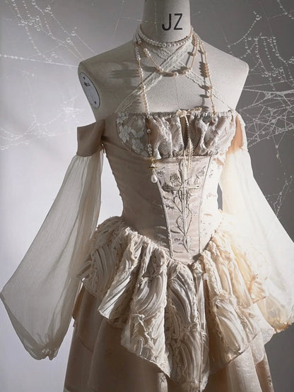 Cross Embroidery Champagne Handkerchief Hem Off Shoulder Dress