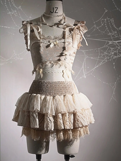 Champagne Lace Trim Bow Cropped Tank Top with Self-tie Straps