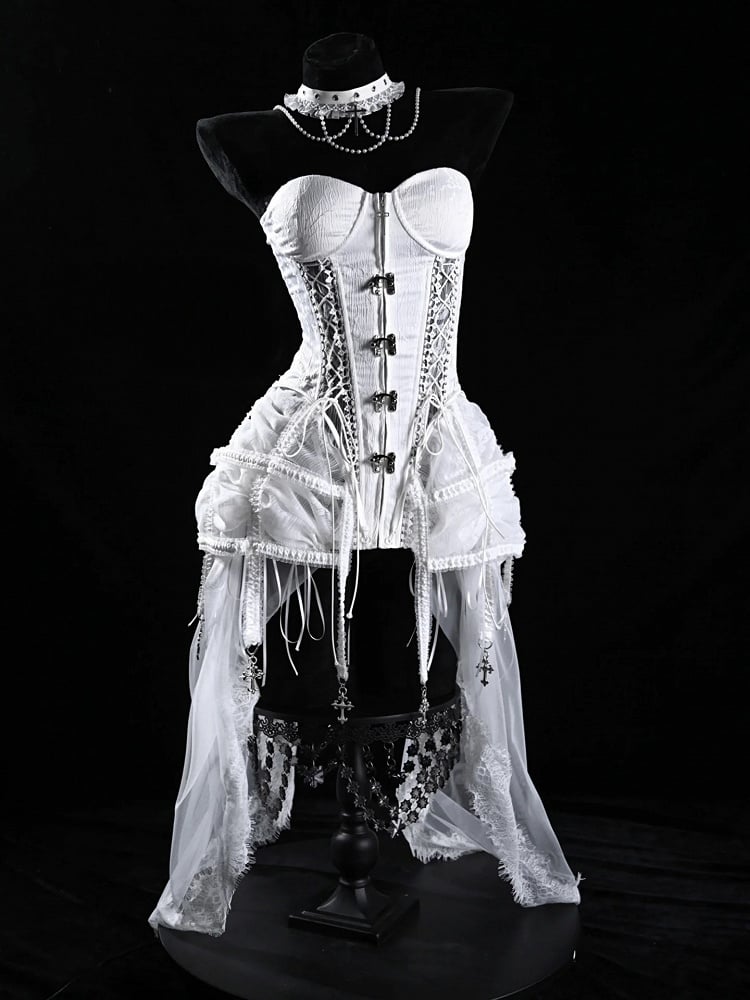 Birdcage Skirt and Bustier Corset Set White Goth Style