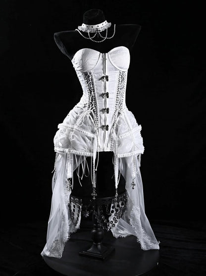 Birdcage Skirt and Bustier Corset Set White Goth Style
