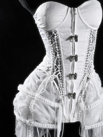 Birdcage Skirt and Bustier Corset Set White Goth Style