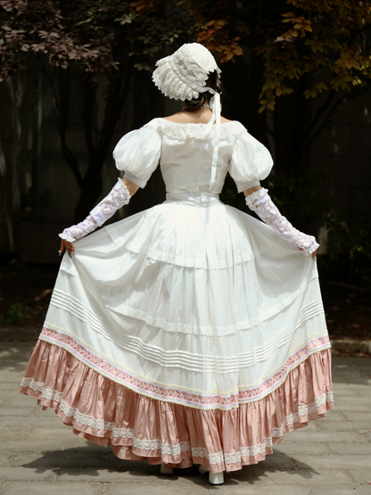 White & Pink Lace Trim Flounce Hem Vintage Southern Belles Victorian Skirt