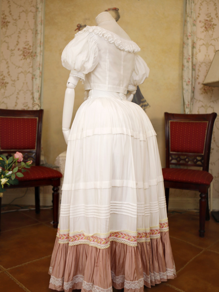 White & Pink Lace Trim Flounce Hem Vintage Southern Belles Victorian Skirt