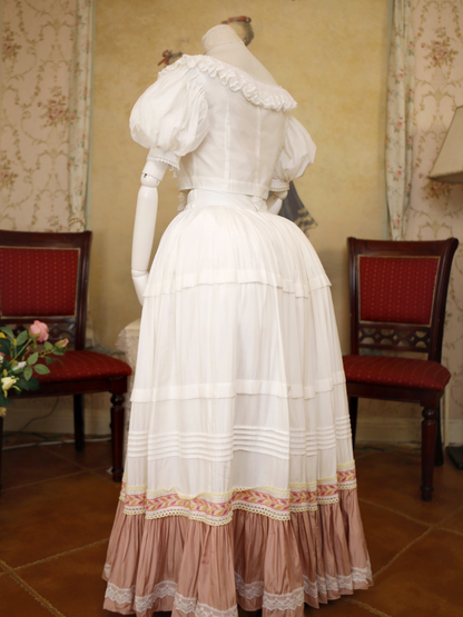 White & Pink Lace Trim Flounce Hem Vintage Southern Belles Victorian Skirt